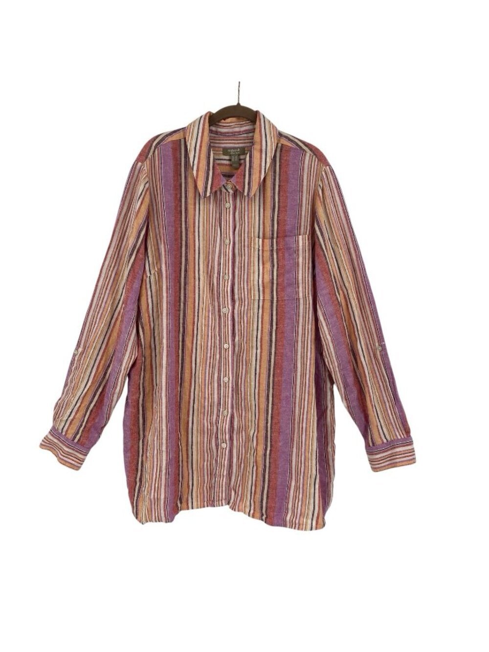 Denim & CO Naturals Striped Linen Blend Button Front Tunic Shirt Size 1X Blouse